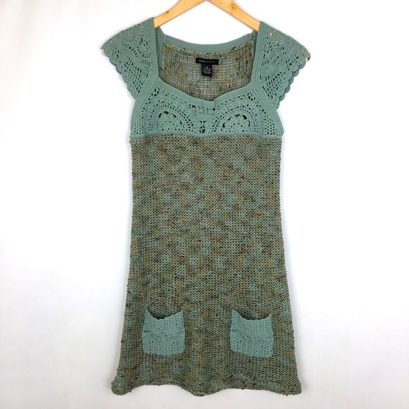 BCBGMaxAzria Dresses & Skirts - BCBGMaxAzaria Crochet Tunic Dress Mini Dress Green Knit Cap Sleeves